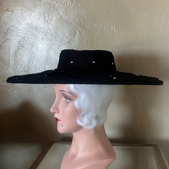 GLITZY 1950\'s BLACK FABRIC/LACE  WIDE BRIM HAT + RHINESTONES main image 7